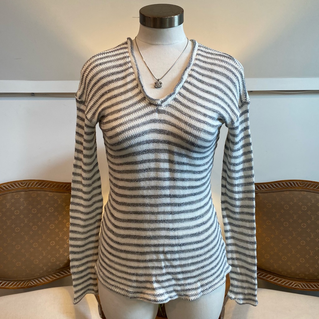 Red Haute Gray And White Striped Cotton Knit Long Sleeve Top, Size Small